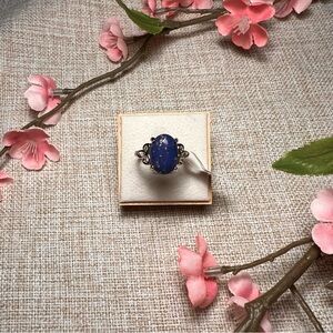 Size 9 | Silver Boho Gemstone Ring – Large Oval Lapis Lazuli, Chunky Statement